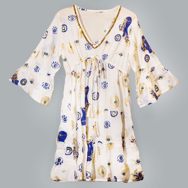 (M/L) Robe Nomad Sari Collection On the Med – Motif Oeil Porte-bonheur Blanc, Bleu & Doré