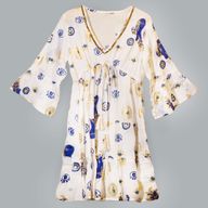 (M/L) Robe Nomad Sari Collection On the Med – Motif Oeil Porte-bonheur Blanc, Bleu & Doré
