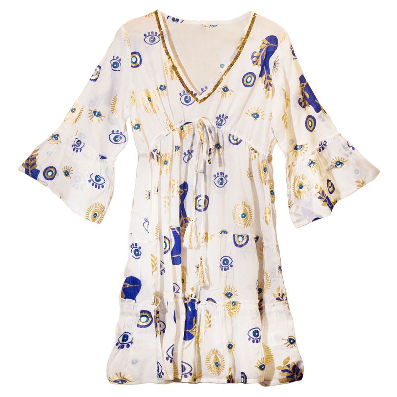 (M/L) Robe Nomad Sari Collection On the Med – Motif Oeil Porte-bonheur Blanc, Bleu & Doré