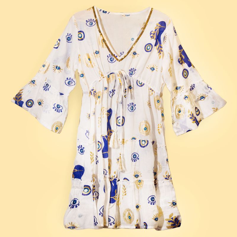 (M/L) Robe Nomad Sari Collection On the Med – Motif Oeil Porte-bonheur Blanc, Bleu & Doré