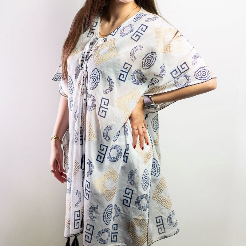 Sari Nomade Collection On the Med - Kaftan - Bleu & Or - Motif Grec Peint à la Main