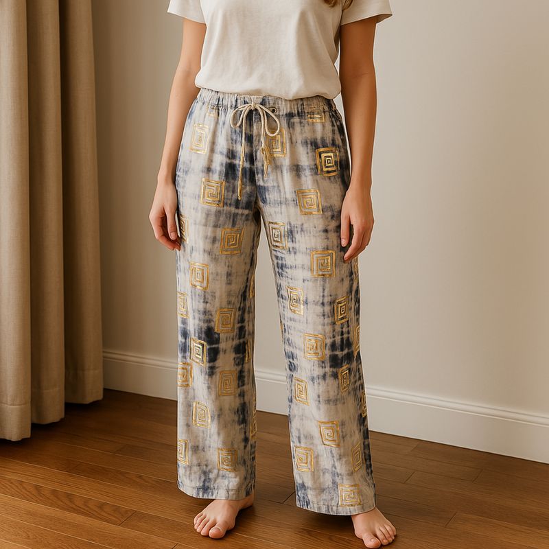 Pantalon de Détente Collection Nomad Sari - Bleu & Or - Motif Grec
