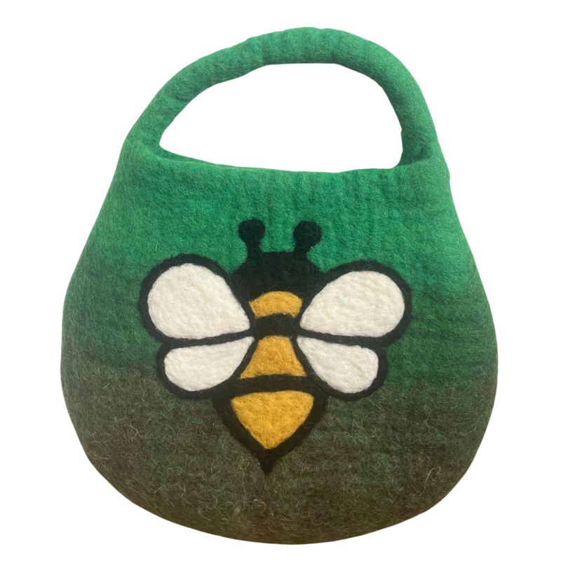 Sac Abeille en Laine Feutrée à l'Eau - Anse avec Fermeture Magnétique - Tons Verts de Jardin