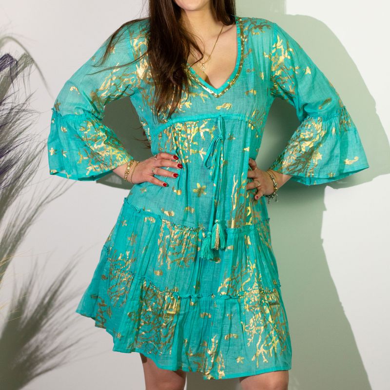 (M/L) Robe Nomad Sari Collection On the Med – Motif Corail Turquoise & Doré