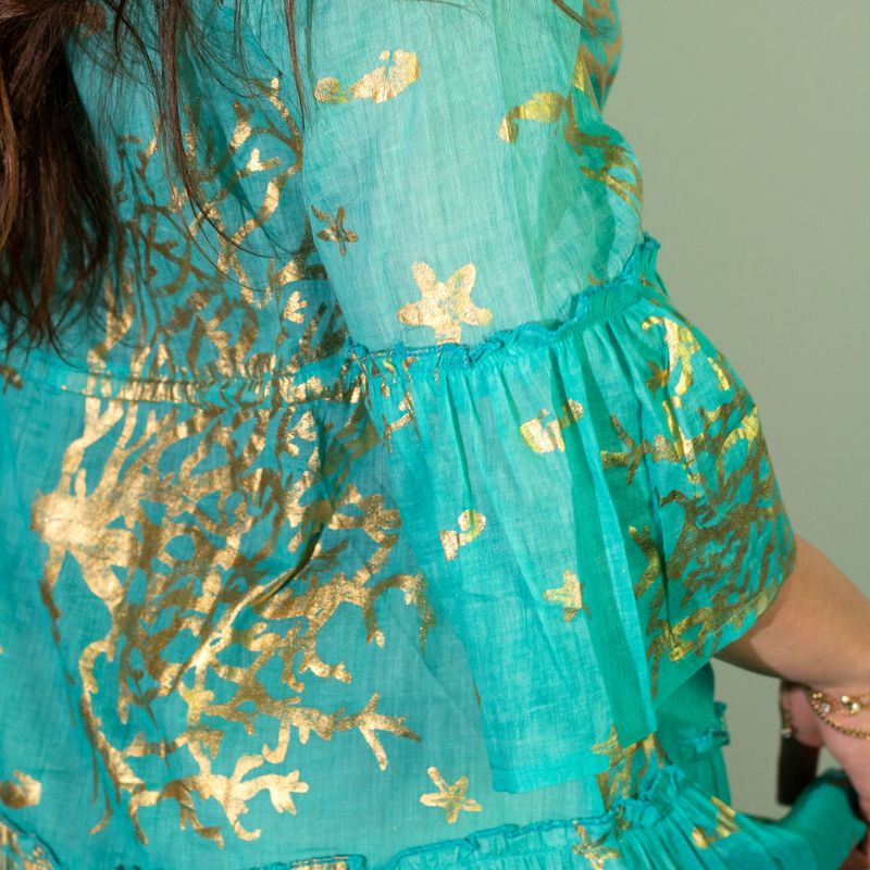 (M/L) Robe Nomad Sari Collection On the Med – Motif Corail Turquoise & Doré
