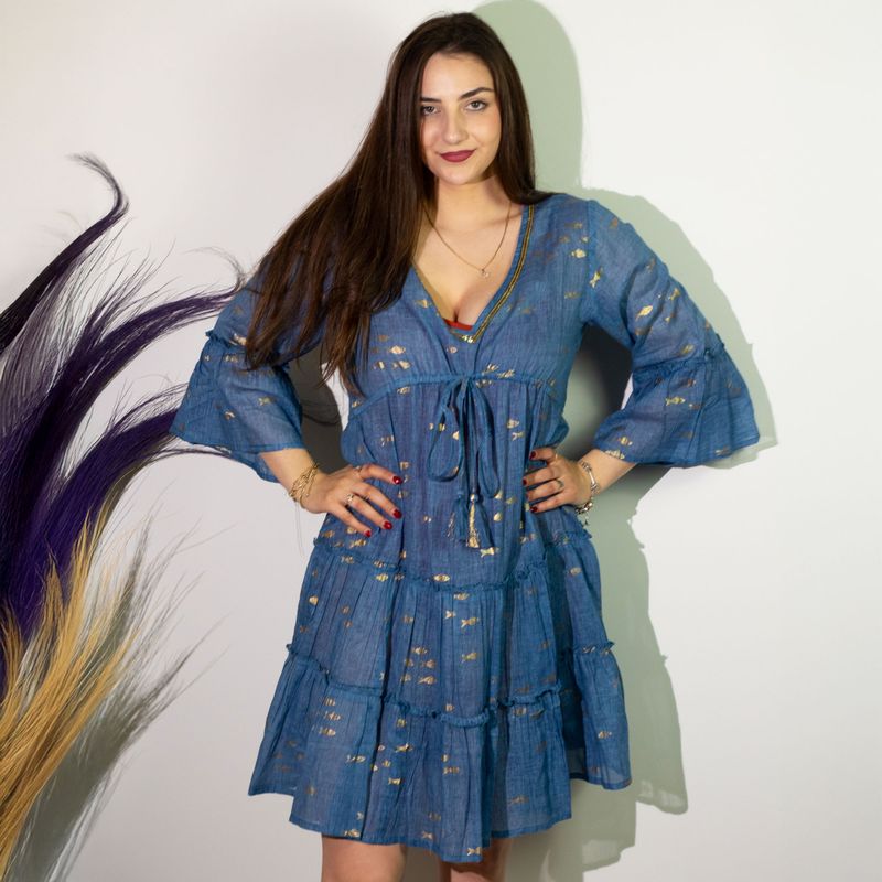 (M/L) Robe Nomad Sari Collection On the Med – Motif Poisson Bleu Mer et Doré