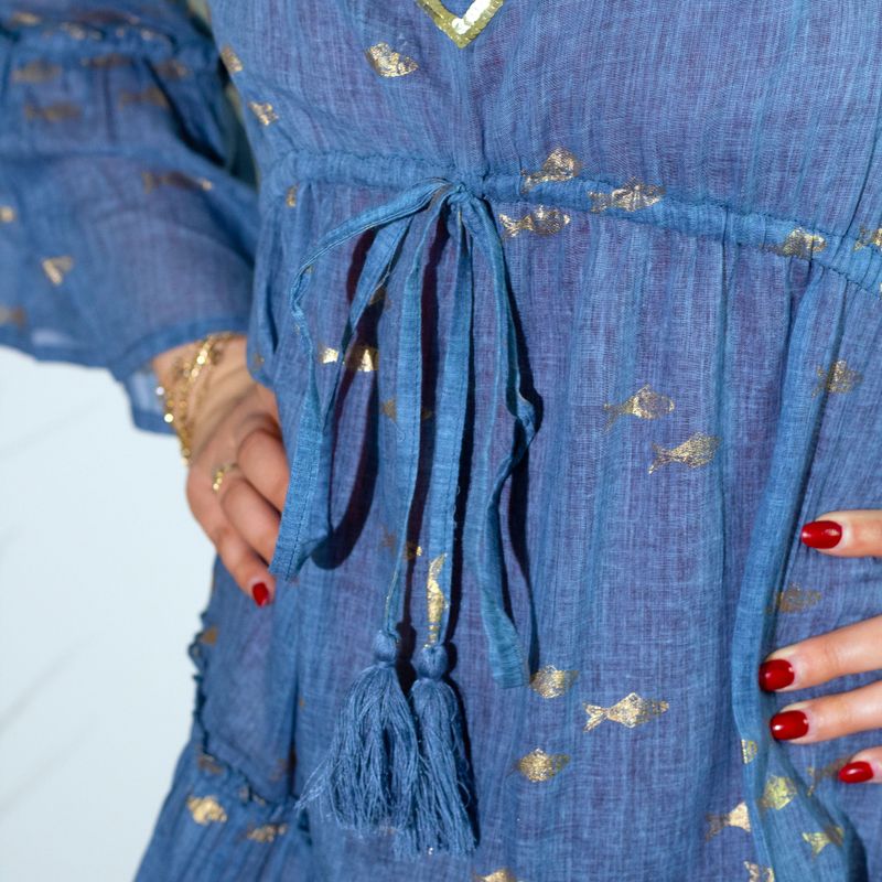 (M/L) Robe Nomad Sari Collection On the Med – Motif Poisson Bleu Mer et Doré