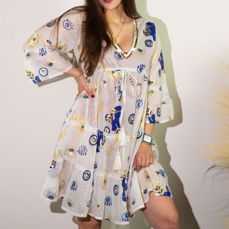 (M/L) Robe Nomad Sari Collection On the Med – Motif Oeil Porte-bonheur Blanc, Bleu & Doré