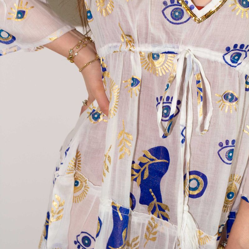 (M/L) Robe Nomad Sari Collection On the Med – Motif Oeil Porte-bonheur Blanc, Bleu & Doré
