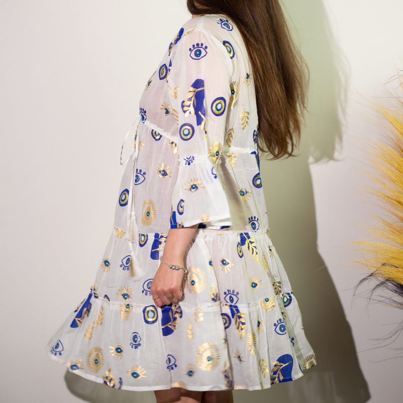 (M/L) Robe Nomad Sari Collection On the Med – Motif Oeil Porte-bonheur Blanc, Bleu & Doré