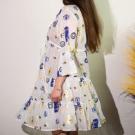 (M/L) Robe Nomad Sari Collection On the Med – Motif Oeil Porte-bonheur Blanc, Bleu & Doré
