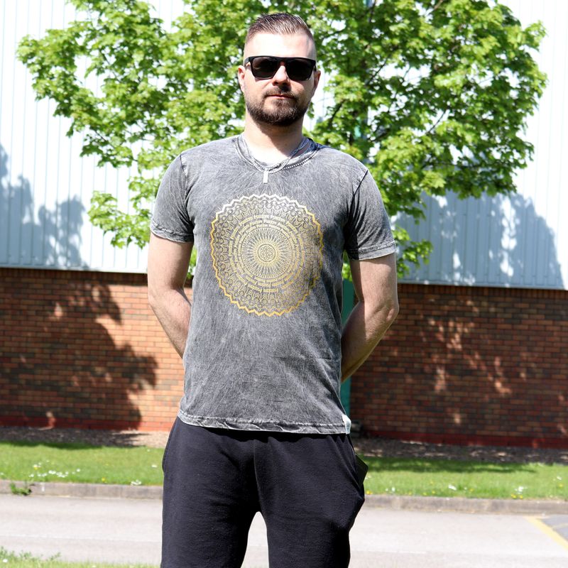 T-shirt Délavé à la Pierre Taille S - Mandala - Gris Foncé