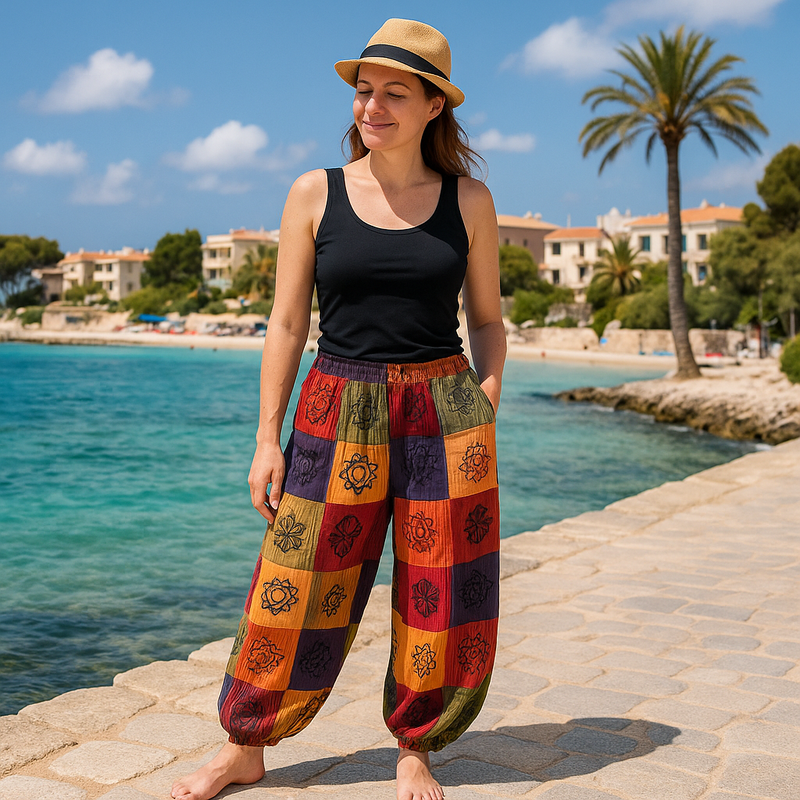Nomad Sari - Pantalon Champignon - Motifs Imprimé en Bloc - Tons Orangés S/M