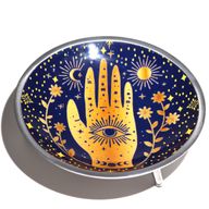 Plateau d'Offrande Émaillé à Trois Pieds – Motif Main & Oeil, Bleu Nuit