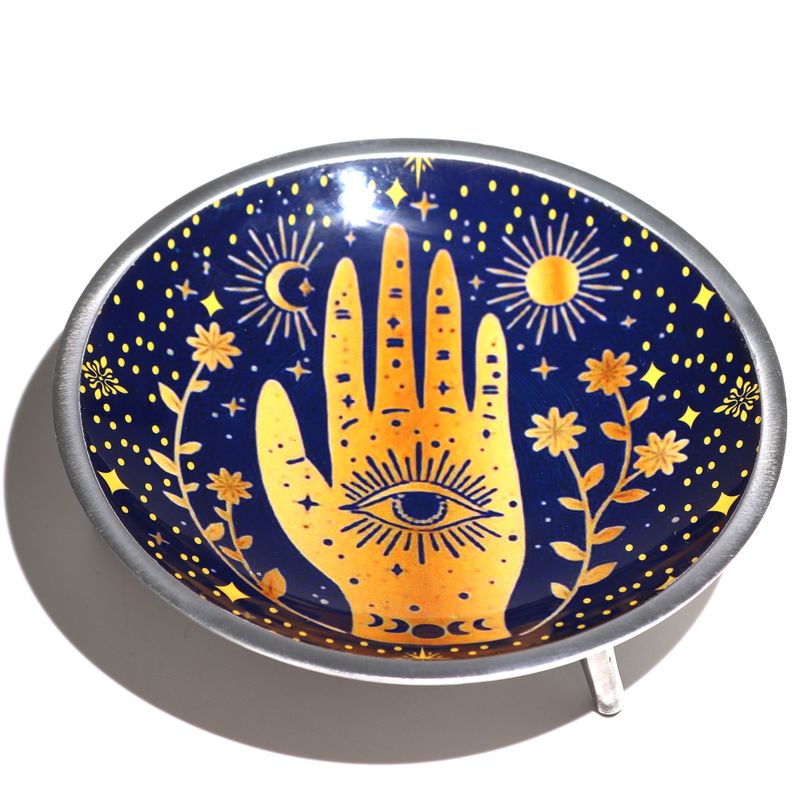 Plateau d'Offrande Émaillé à Trois Pieds – Motif Main & Oeil, Bleu Nuit