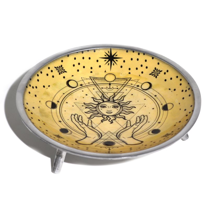 Plateau d'Offrande Émaillé à Trois Pieds – Motif Mains et Soleil