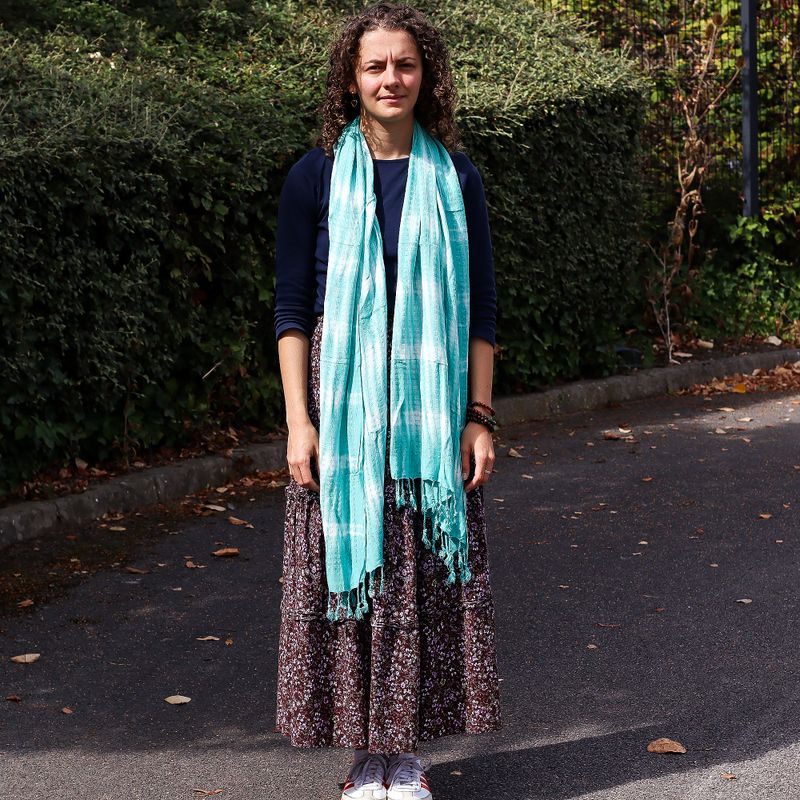Foulard Art Boho Java -Rayures Bleu Sarcelle & Motif - 62x200 cm