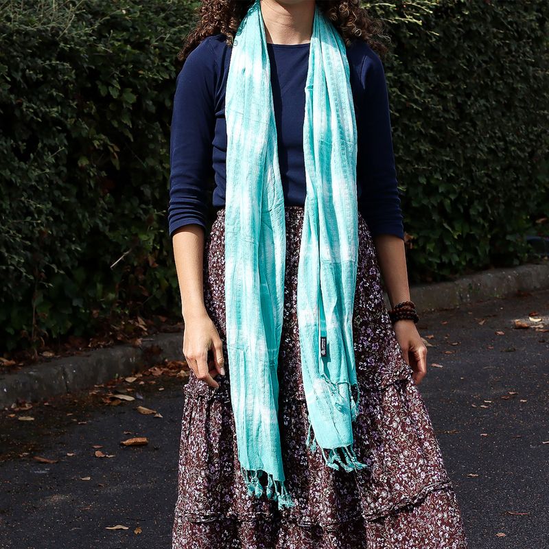 Foulard Art Boho Java -Rayures Bleu Sarcelle & Motif - 62x200 cm