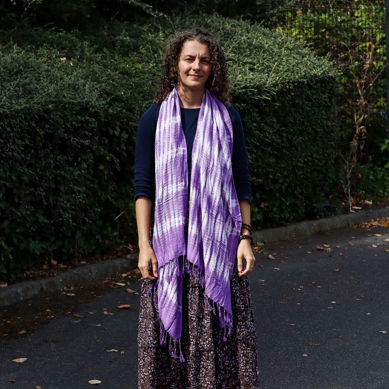 Foulard Art Boho Java - Rayures Lavande & Motif - 62x200 cm