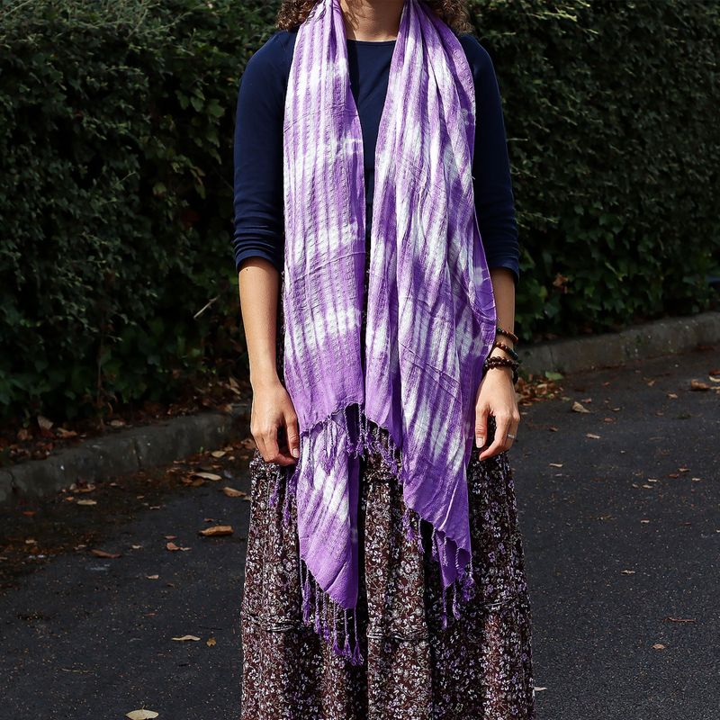 Foulard Art Boho Java - Rayures Lavande & Motif - 62x200 cm