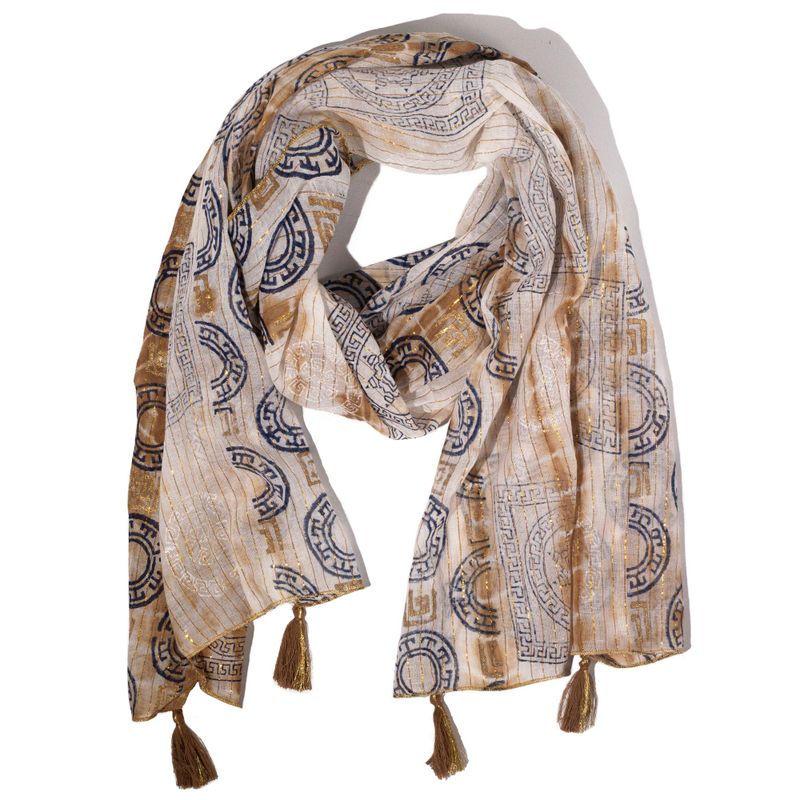 Nomad Sari  - Foulard d'Été -  180x50cm -  Imprimé Marbella - Café avec Bordure Dorée