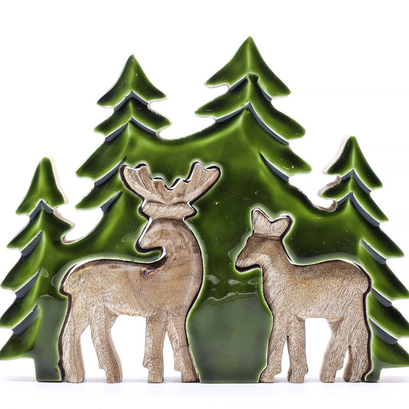 Perdus dans la Forêt -  Décoration en Bois 3D Deux Cerfs dans la Forêt - 18x23cm