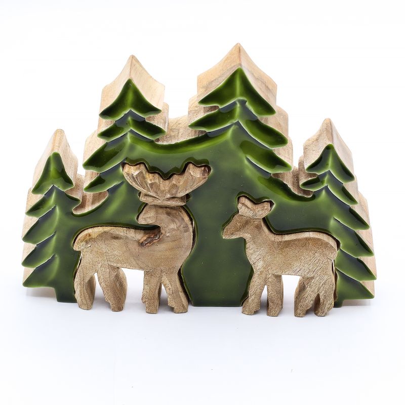 Perdus dans la Forêt -  Décoration en Bois 3D Deux Cerfs dans la Forêt - 18x23cm