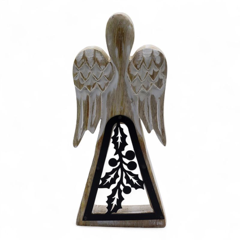 Ange en Bois de Manguier - Blanchi à la Chaux avec Découpe en Fer - 18cm