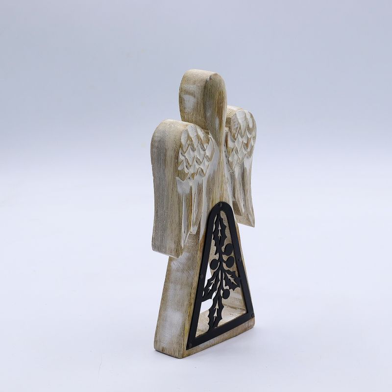 Ange en Bois de Manguier - Blanchi à la Chaux avec Découpe en Fer - 18cm