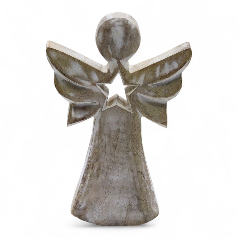 Ange en Bois de Manguier - Blanchi avec Découpe Étoile - 18cm