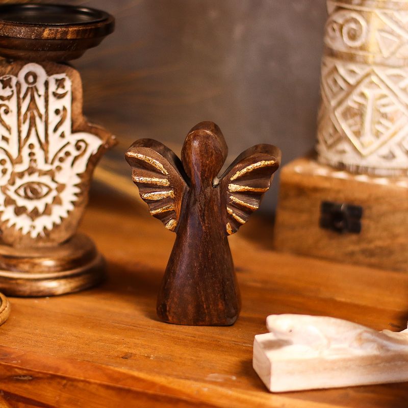 Petit Ange en Bois de Manguier - Décor Doré - 12cm