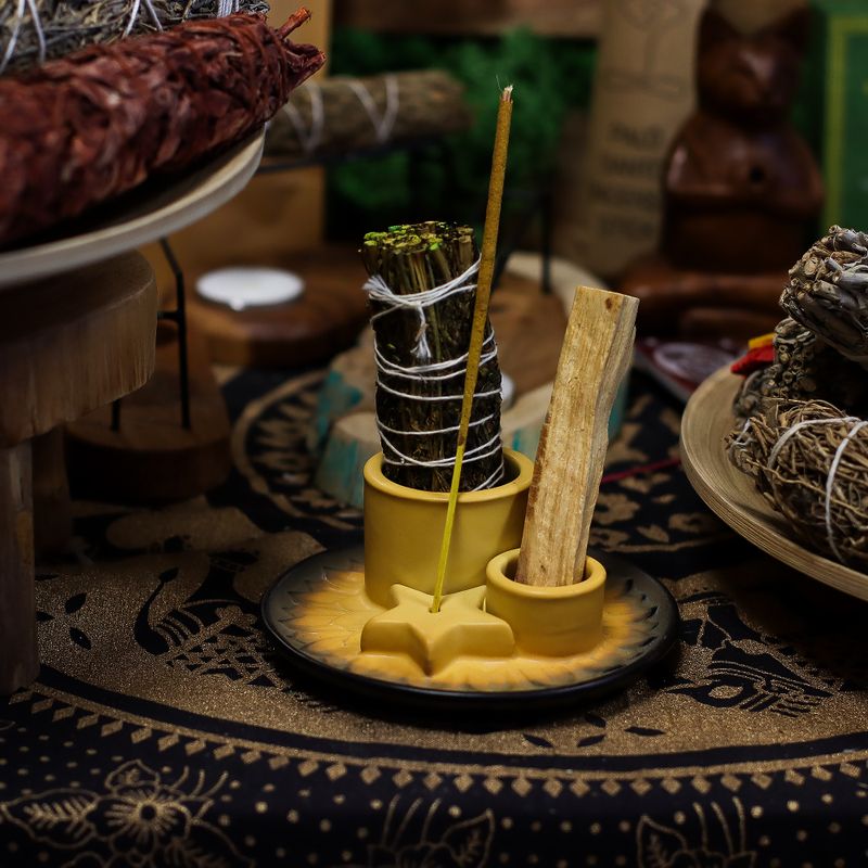 Porte-Encens et Supports en Céramique pour Palo Santo - Mandala - Sable et Gris
