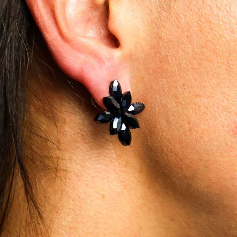 Boucles d’Oreilles Noir Jais - Verre Vintage - Fleurs
