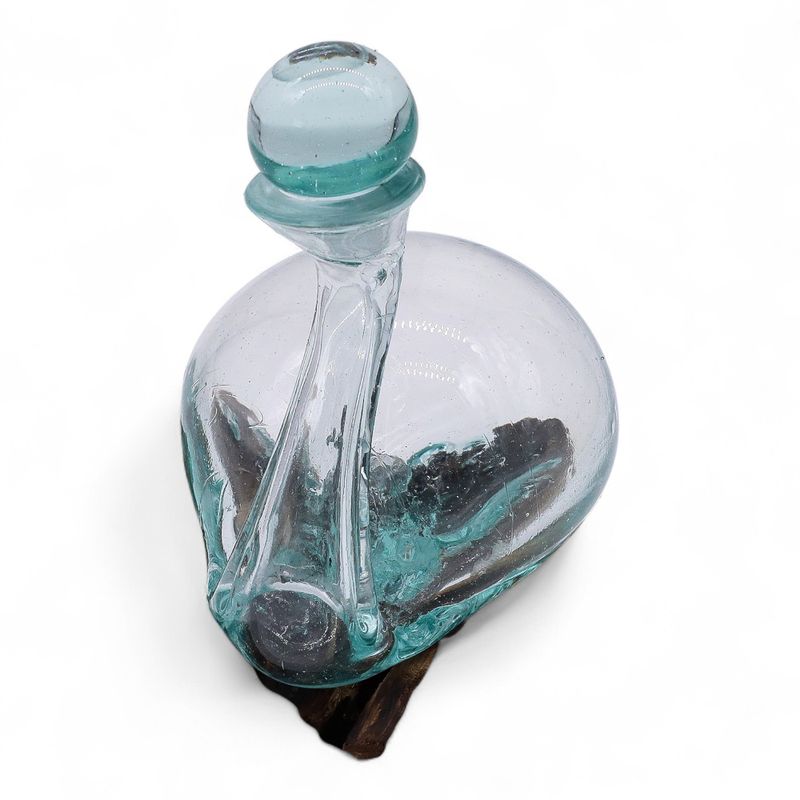 Carafe Canard  En Verre Fondu Sur Bois Avec Bouchon