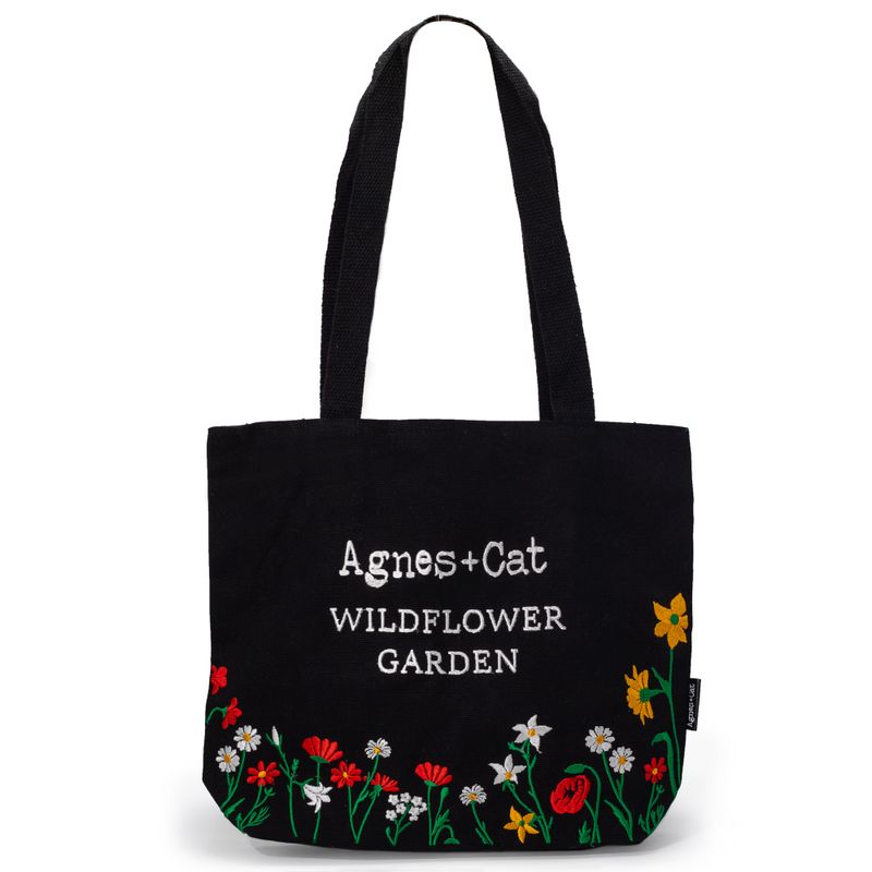 Tote Bag en Coton Noir – Broderie Jardin de Fleurs Sauvages (Fleurs Rouges)