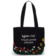 Tote Bag en Coton Noir – Broderie Jardin de Fleurs Sauvages (Fleurs Rouges)