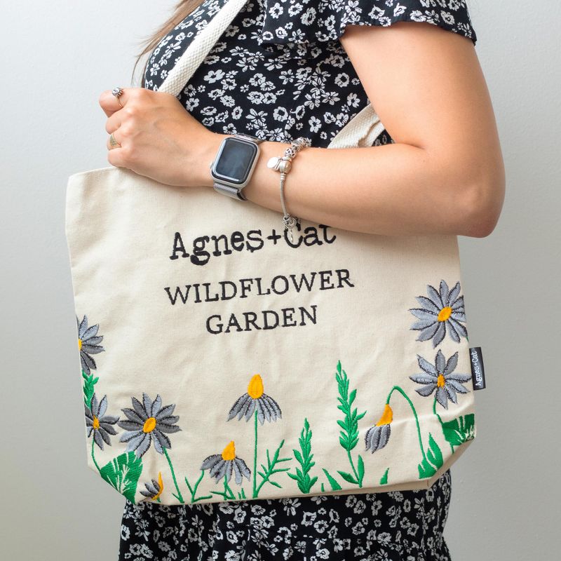 Tote Bag en Coton – Broderie Jardin de Fleurs Sauvages (Fleurs Violettes)