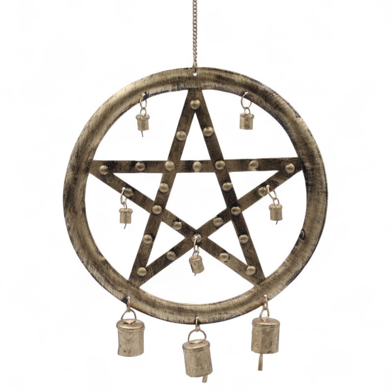 Carillons Indiens – Pentagone en Fer avec Cloches de Vache – 25x49 cm