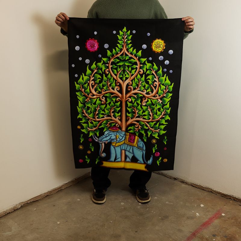 Art Mural En Coton (70x110cm) - Éléphant & Arbre De Vie