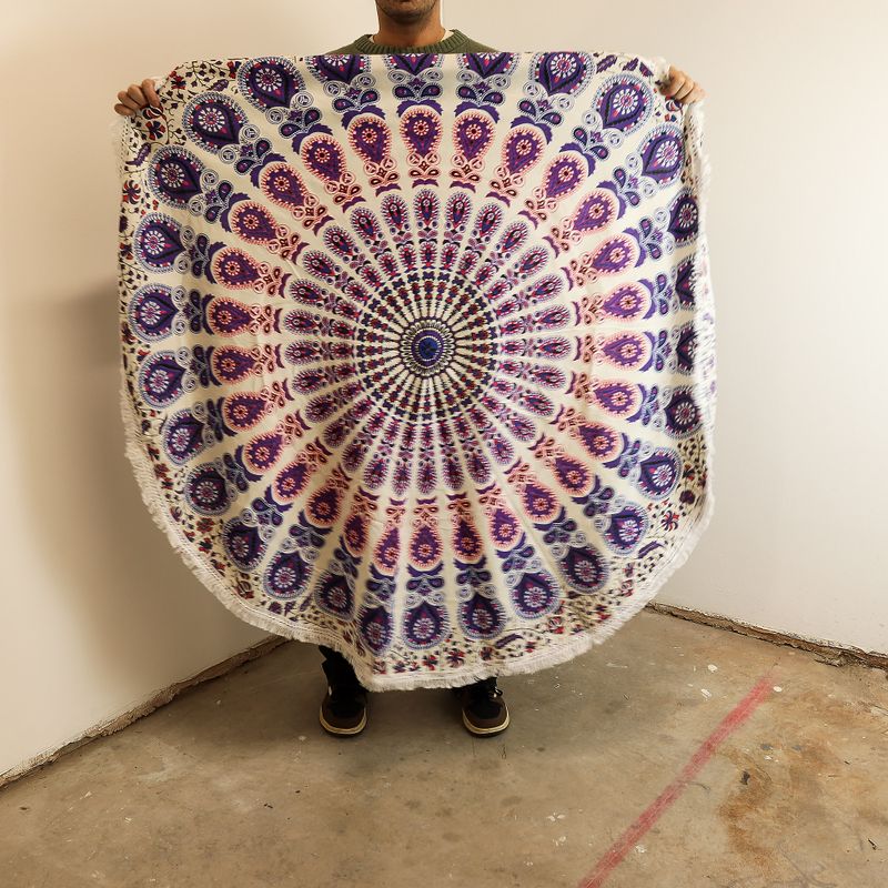 Petit Mandala Rond En Coton (130cm) - Paon Pourpre