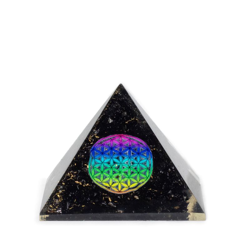 Petite Pyramide en Orgonite 5,5 x 4,5 cm – Fleur de Vie – Pépites de Tourmaline Noire