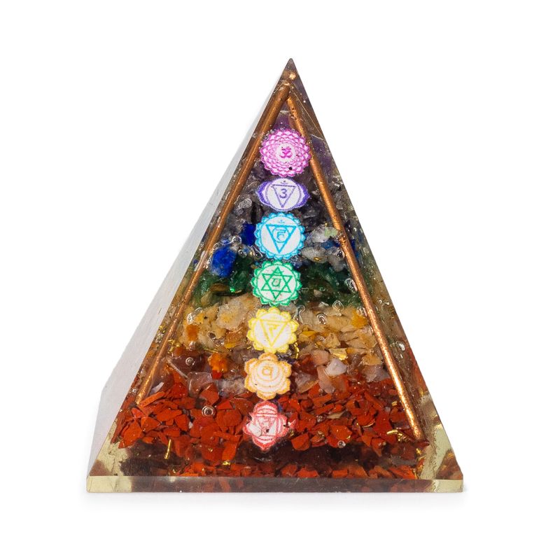 Pyramide d’Orgonite Moyenne 7 x 6 cm – Barres de Cuivre – Pépites des 7 Chakras