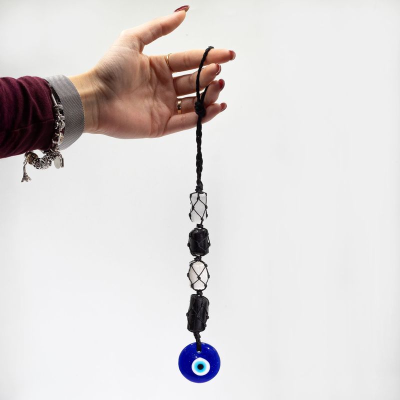 Pendentif Pierre Suspendue – Tourmaline Noire & Sélénite Polie – Œil Protecteur