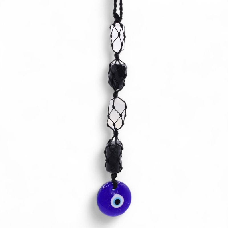 Pendentif Pierre Suspendue – Tourmaline Noire & Sélénite Polie – Œil Protecteur