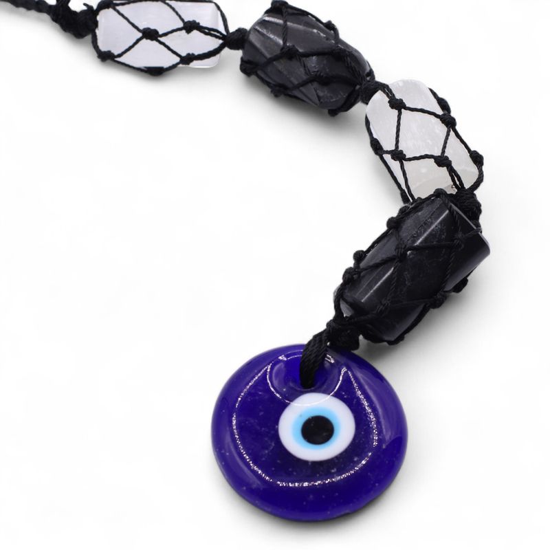 Pendentif Pierre Suspendue – Tourmaline Noire & Sélénite Polie – Œil Protecteur