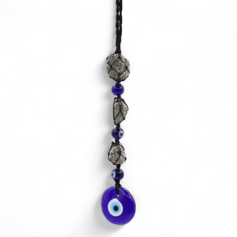 Pendentif Pierre Suspendue – Pierres et Perles de Pyrite – Œil Protecteur