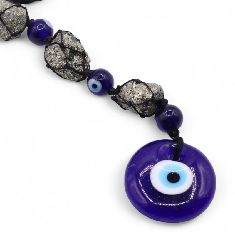 Pendentif Pierre Suspendue – Pierres et Perles de Pyrite – Œil Protecteur