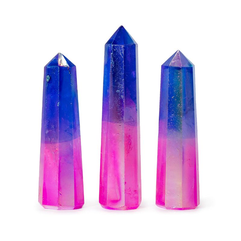 Obélisques En Pierres Précieuses, env. 9 cm – Quartz Cristal Aura – Rose Et Bleu