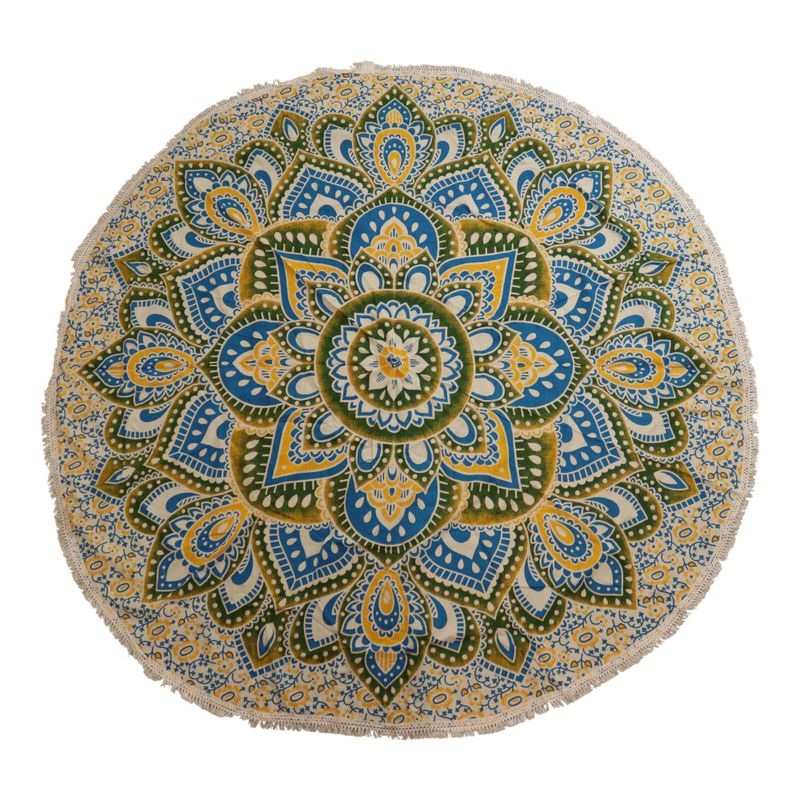 Grand Mandala Rond En Coton (180cm) - Jaune & Bleu