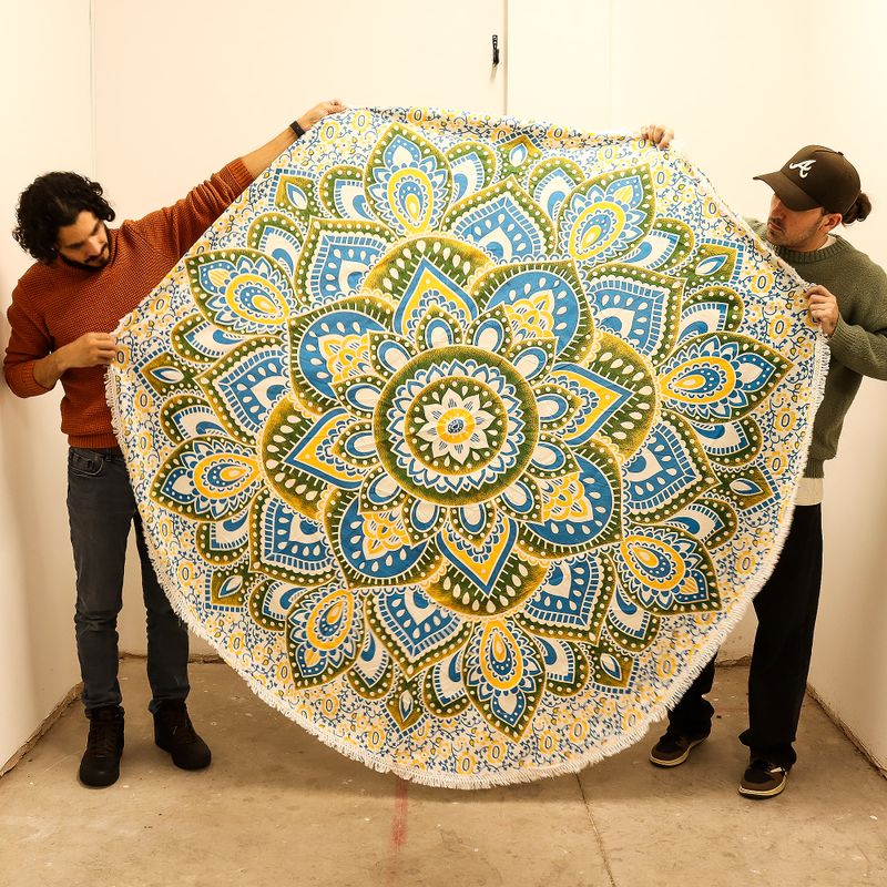 Grand Mandala Rond En Coton (180cm) - Jaune & Bleu
